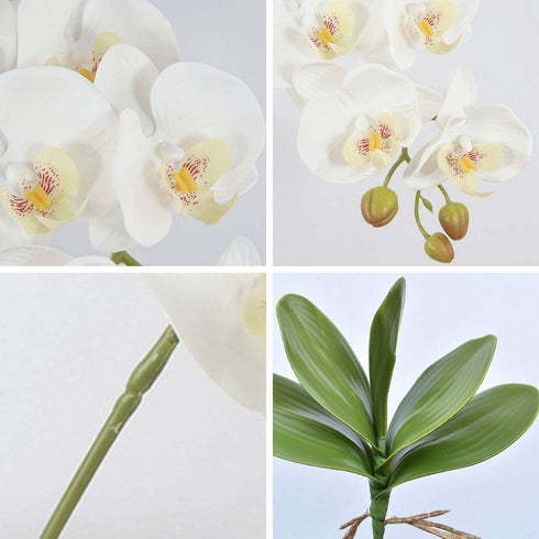 FagusHome 32" Artificial Phalaenopsis Flowers 4 Pcs with 2 Bundles Leaves Artificial Orchid Flowers Stem Plants for Home Décor (White)
