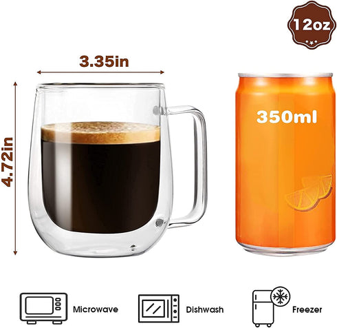 12 oz Double Walled Glass Coffee Mugs with Handle, Thermal Insulated and No Condensation Clear Coffee Mug, Glass Cups for Americano, Latte, Espresso, Cappuccinos Beverage and Tea