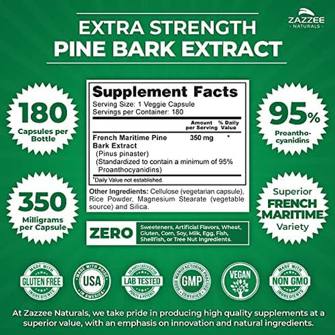 Zazzee Extra Strength French Maritime Pine Bark Extract, 350 mg Per Capsule, 180 Vegan Capsules, 95% Proanthocyanidins, 6 Month Supply, Non-GMO and All-Natural