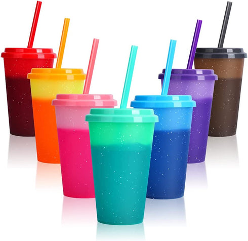 Color Changing Cups with Lids & Straws - 12 oz Reusable Cute Plastic Tumbler Bulk - 7 Pack Kids Small Funny Travel Straw Tumblers/ Adults Iced Cold Drinking Party Cup