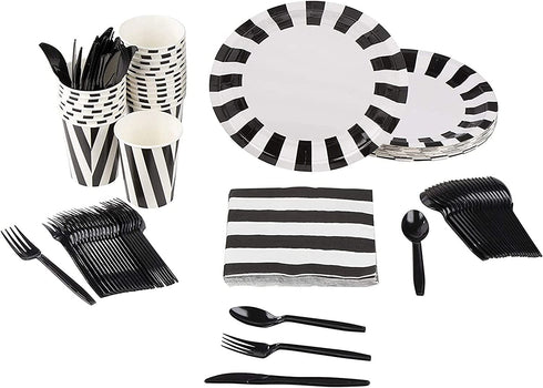 Black and White Party Bundle, Includes Plates, Napkins, Cups, and Cutlery (24 Guests,144 Pieces)