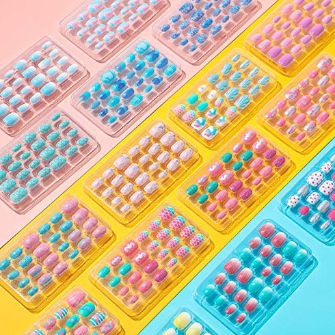 384 Pieces Kids Press on Nails Mini False Nails with Designs Press on Nails for Kids Stick on Short Fake Nails for Christmas Nail, 16 Boxes (Mermaid, Shell)