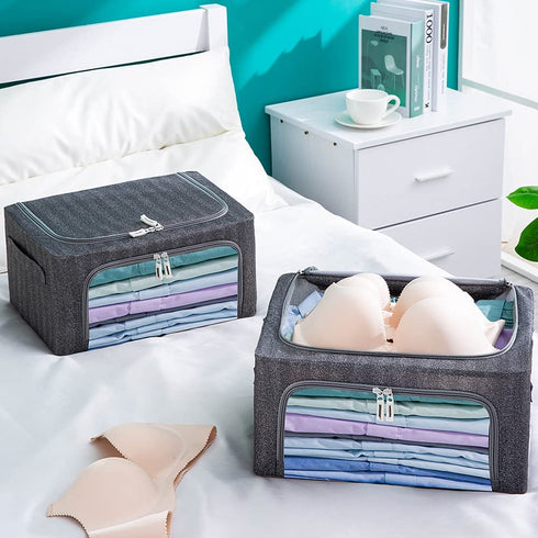 Foldable Clothes Storage Bins 2 Pack,Stackable Metal Frame Closet Storage Box, Oxford Fabric Container Organizer with Clear Windows&Sturdy Carry Handles for Bedding,Clothing(22L,Grey)
