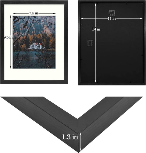 Frametory, 11x14 Frame for 8x10 Photo Smooth Wood Grain Finish Frame with Ivory Mat for Photo - Includes Sawtooth Hangers and Real Glass - Landscape/Portrait, Wall Display (Black, 1 Pack)