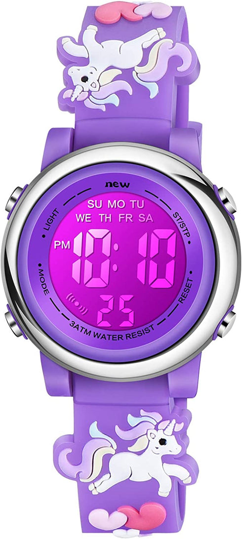Venhoo Kids Watches 3D Cartoon Waterproof 7 Color Lights Toddler Digital Wrist Watch with Alarm Stopwatch Gifts for 3-10 Year Girls Little Child