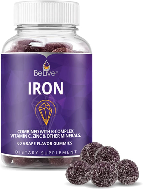 BeLive Iron Gummies - 60 Ct I Multivitamin Iron Supplement with Vitamin C, A, B & Zinc, Supports Blood Oxygen, Vegan Iron Supplements for Women, Men & Kids for Growth and Development - Grape Flavor