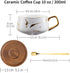 TILANY Tea Cup and Wooden Saucer Set - Luxury 10 Oz Ceramic Latte Mug with Golden Spoon & Coffee Saucer Fancy Gold Planted Handle Coffee Cups Modern Teacup Set for Women, Men (White)