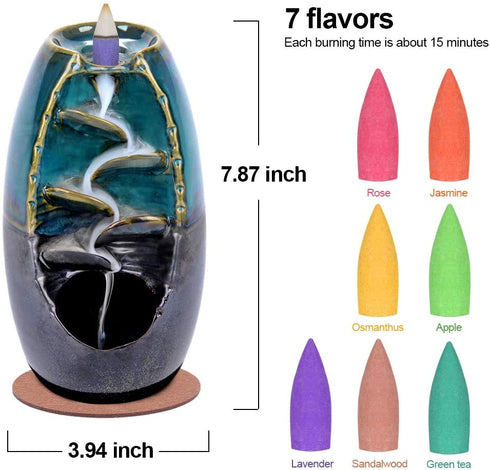 SPACEKEEPER Ceramic Backflow Incense Holder Incense Burner Waterfall, with 120 Backflow Incense Cones + 30 Incense Stick, Aromatherapy Ornament Home Decor, Blue Set