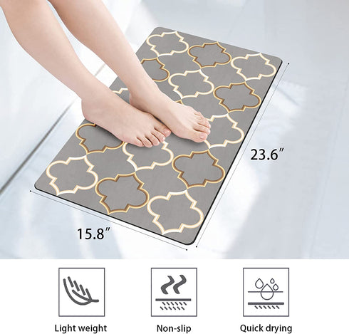 Watforsh Super Absorbent Bath Mat Non-Slip Quick Drying Thin Bathroom Carpet Floor Machine Washable Water Quick Absorbent Soft Rubber Rug Easy to Clean Bathroom, Doorway (15.8x23.6,Gray)