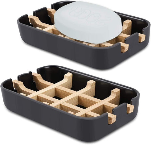 OAKART Bamboo Soap Dish with Drain Tray for Shower Bathroom Tub 100% Natural Fiber 2pcs (Black)