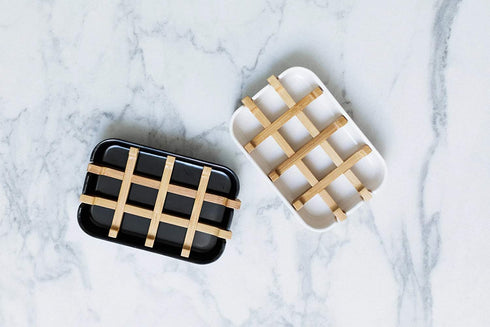 OAKART Bamboo Soap Dish with Drain Tray for Shower Bathroom Tub 100% Natural Fiber 2pcs (Black)