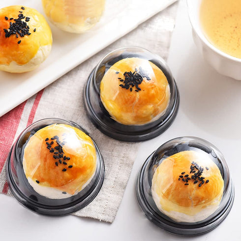 150 Pcs Mini Cupcake Containers, Disposable Plastic Mooncake Boxes, 2.8x2.2inch Muffin Pod Dome Single Cupcake Holders Individual Cupcake Containers with 150pcs Handmade Stickers