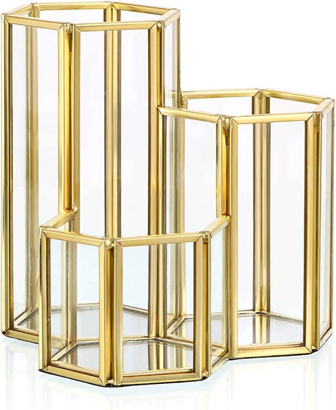 Hipiwe 3 Slots Glass Makeup Brush Holder - Gold Hexagon Cosmetics Brush Eyeliners Display Cup Home Decorative Makeup Organizer Desktop Pen/Pencil Pot Holder for Office