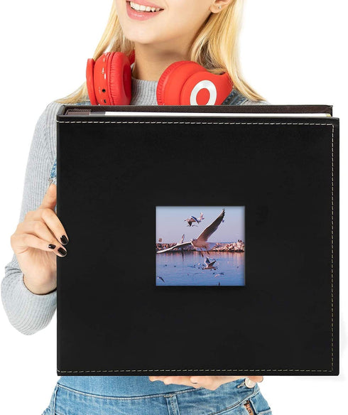 Golden State Art, Self Adhesive Magnetic Photo Album, Self-Stick Albums Holds 3X5, 4X6, 5X7, 6X8, 8X10 DIY Photos-10.6 x 11.4 Inch (Leather Black, 40 Pages, with Front Cover Opening)