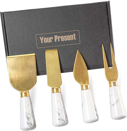 4PCs Gold Cheese Knife Spreader Set with Marble Handle, Cute Cheese Knives Cutter Slicer for Marble Cheese Board, Spatula for Cheese Board Accessories, Gift for Party, Holiday, Weddings - Gold