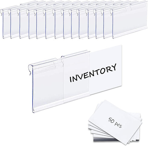Basket Labels Clip On,50PCS Clear Plastic Bin Clip Labels for Baskets,Wire Shelf Price Labels,Labels for Storage Bins,Merchandise Sign Display Holder,50PCS 6X4CM Label Inserts Included. (CQTP0000)