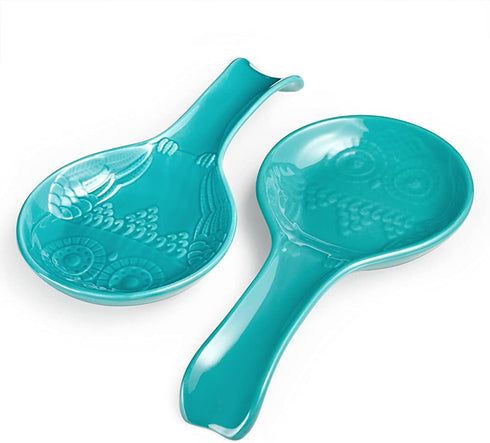 DOWAN Ceramic Spoon Rest for Kitchen, 2 Pieces of Porcelain Stovetop Spoon Holder for Countertop, Turquoise Owl Ladle Rest 9.5 Inches, Dishwasher Safe Farmhouse Kitchen Decor and Accessories