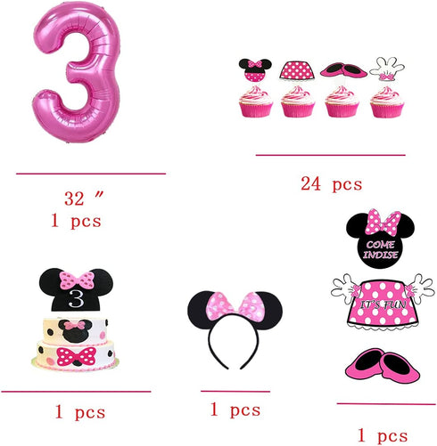 Minnie 3rd Birthday Party Supplies Minnie 3 Year Old Girls Birthday Party Decorations Minnie 3rd Birthday Cake Cupcake Toppers Number 3 Foil Balloon Banner Minnie Birthday Decorations