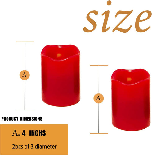 Flameless Candles-Set of 2(3"x4"/4") Red,Dripless Real Wax,Flickering Pillar Candles,Bright Warm Light,with Remote Control and Timing