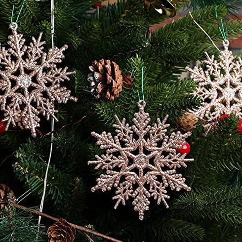 Blulu 50 Pieces Plastic Snowflake Ornaments Glitter Snowflake Christmas Tree Hanging Decorations with 50 Pieces Hooks for Winter Home Wonderland Decor Xmas Party Favors Supplies (Rose Gold)