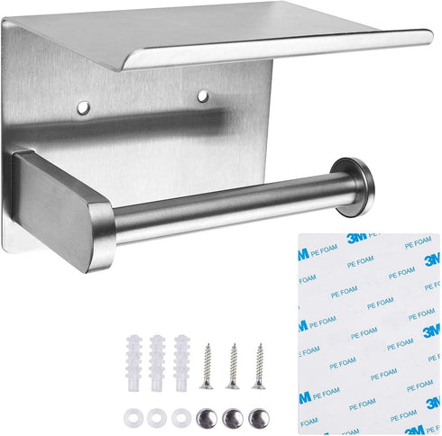 Brushed Nickel Toilet Paper Holder with Shelf for Phone Wipes Storage - Wall Mount/Adhesive, Stainless Steel TP Towel Hanger for Bathroom RV