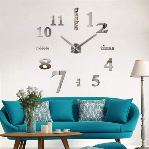 Mirror Surface Decorative Clock 3D DIY Wall Clock for Living Room Bedroom Office Hotel Wall Decoration (Silver)