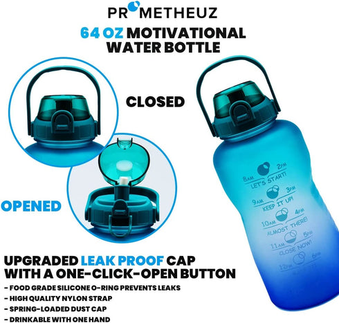 Prometheuz 64oz Motivational Water Bottle with Time Marker & Removable Straw. Leakproof Tritan BPA Free Water Jug for Fitness, Gym and Outdoor Sports, Blue Purple