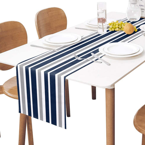 Stripe Table Runner-Navy Blue Gray White Cotton linen-Long 108 inche Dresser Scarves,Farmhouse Tablerunner for Kitchen Coffee/Dining/Sofa Table Bedroom Home Living Room,Scarf Decor for Holiday Dinner