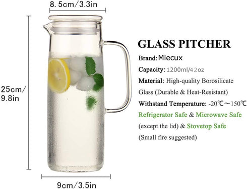 Glass Pitcher with Lid - High Heat Resistance Stovetop Safe Pitcher for Hot/Cold Water & Iced Tea
