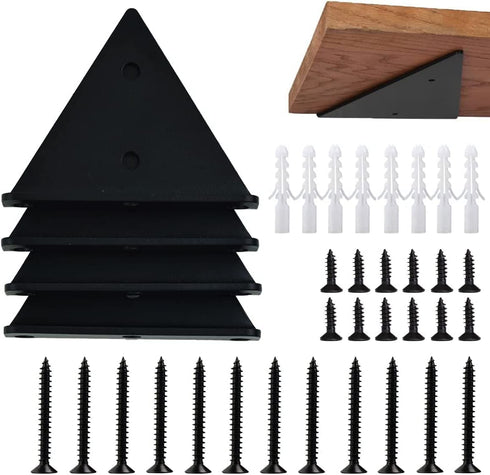 Halyuhn Floating Triangle Brackets 4 Pcs for Small Floating Wood Shelves, 4 x 3 inches Wall Triangle Shelf Brackets with 2 inches Anchor Screws, Black Carbide Metal Brackets Set for Wood Shelf