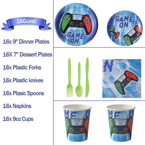 Video Game Party Tableware Set - Gaming Theme Party Supplies for Kids Includes Plates Napkins Cups Knives Forks Spoons Serves 16 Guests