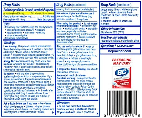 BC Powder Sinus Pain & Congestion Relief, Dissolve Packs, 4 Individual Packets, 6 Pack