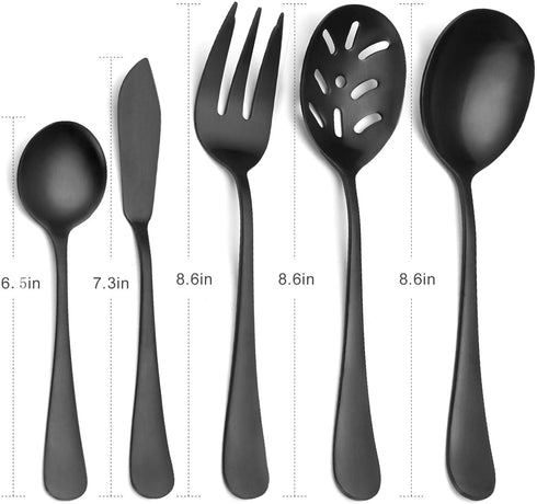 Matte Black Serving Set?SHARECOOK 5-Piece 18/0 Stainless Steel Large Hostess Set with Round Edge, Satin Finished, Dishwasher Safe -Spoons, Forks,Butter Knife& Slotted Spoon