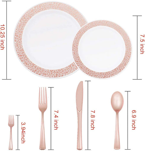 N9R 150pcs Rose Gold Plastic Plates with Disposable Plastic Silverware Set, Elegant Lace Dinnerware Sets Include 25 Dinner Plates, Dessert Plates, Forks, Knives, Spoons and Mini Forks