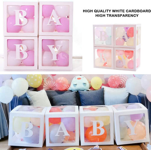 Baby Shower Boxes Party Decorations, 4-Pack Transparent Balloons Boxes D©cor with BABY Letters Blocks for Boys Girls Baby Shower Decorations Gender Reveal Bridal Showers Birthday Party Backdrop
