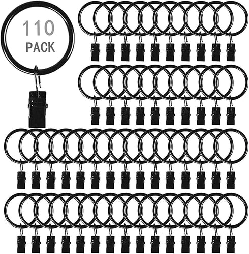110PCS Curtain Rings with Clips, Premium Drapery Clips with Rings, Metal Hangers Drapes Rings Rustproof, Fits Diameter 5/8 in Curtain Rod Black