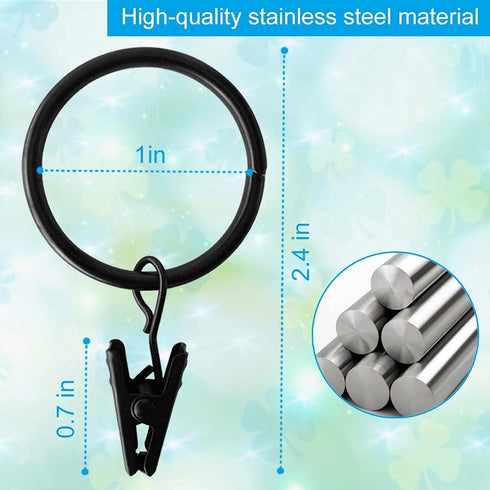 110PCS Curtain Rings with Clips, Premium Drapery Clips with Rings, Metal Hangers Drapes Rings Rustproof, Fits Diameter 5/8 in Curtain Rod Black