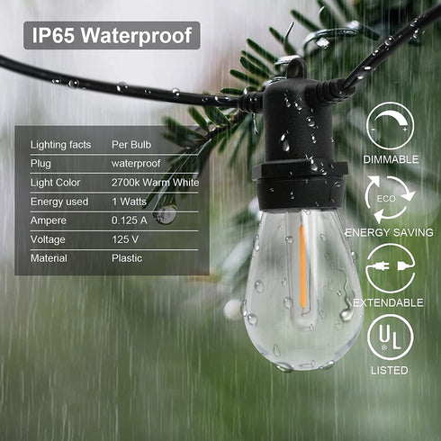Alitade 50FT S14 LED Outdoor String Lights 18 Shatterproof Plastic Bulbs (2 Spare) for Patio,Backyard,Porch and Commercial Lighting,Warm White Light,Best for Commercial,Festival Decor,Gift