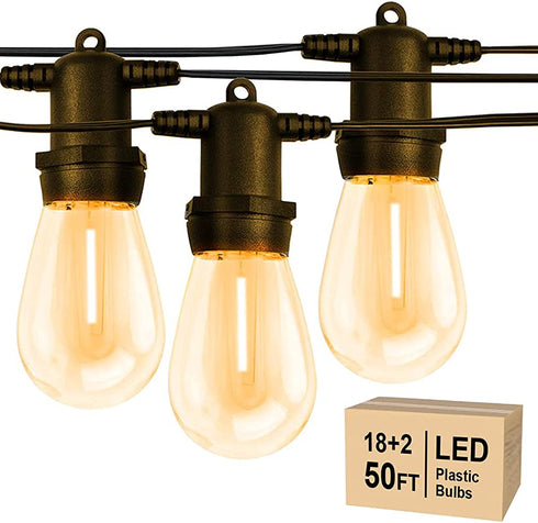 Alitade 50FT S14 LED Outdoor String Lights 18 Shatterproof Plastic Bulbs (2 Spare) for Patio,Backyard,Porch and Commercial Lighting,Warm White Light,Best for Commercial,Festival Decor,Gift