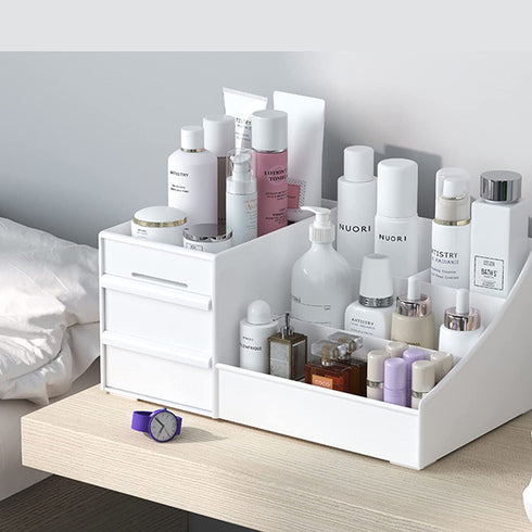 skin care organizer,Makeup Desk Organizer With Drawers,Countertop Organizer for Cosmetics,Vanity brush with Holder for Lipstick, Brushes, Eyeshadow, and Jewelry Desktop Finishing Dresser (White)