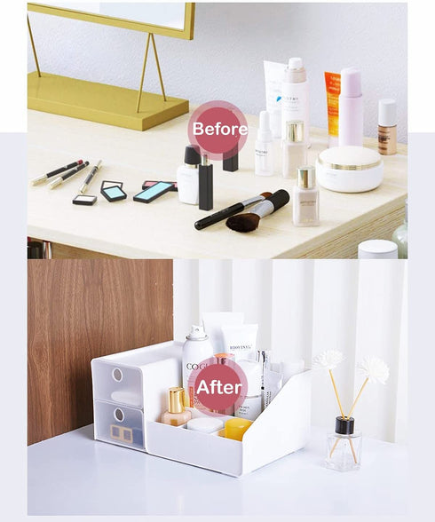 Clear Makeup Organizer for Vanity, Desk Cosmetics Organizer with Drawers for Lipsticks, Lotions, Jewelry, Nail Care, Skincare, Ideal for Dresser, Bedroom and Bathroom Countertops-White