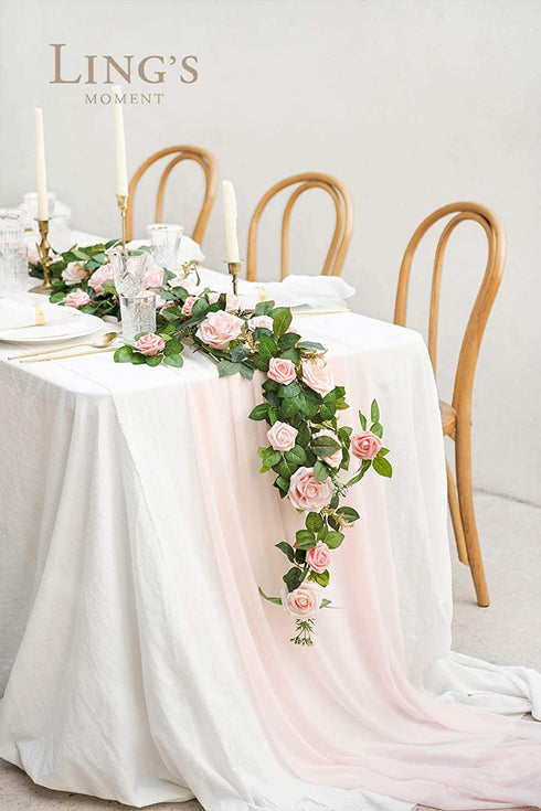 Ling's moment Handcrafted Artificial Blush Pink Rose Flower Garland 5ft Greenery Garland for Wedding Centerpieces Ceremony Sign Aisle Arch Backdrop Reception Table Decorations