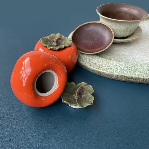 2 PackCeramic tea Storage Container Tea tins,Tea Seal Jar and well-made cute Persimmon Canister, Tea caddy with Lid Kitchen be a suitable container for loose tea, herbs, spices, salt