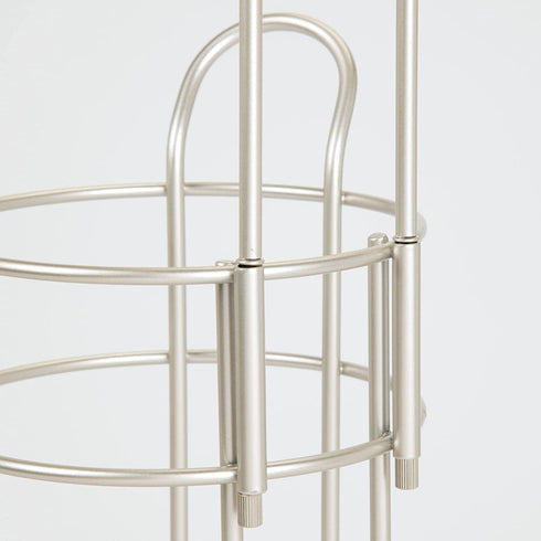 mDesign Freestanding Metal Wire Toilet Paper Roll Dispenser and Holder Stand for Bathroom Storage Organization - Top Round Storage Tray Shelf for Cell Phone, Book, Spray - Holds 4 Mega Rolls - Satin