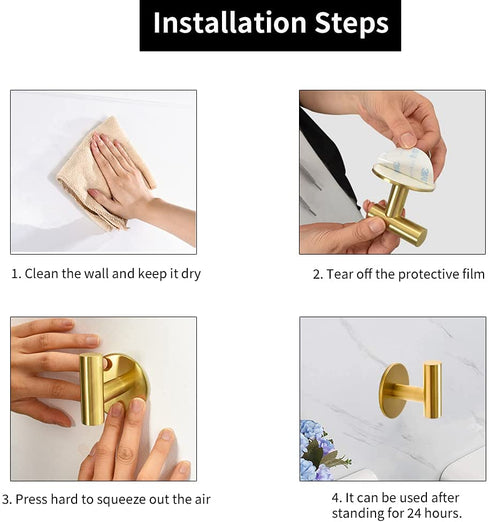 Vuzvuv Adhesive Hooks Brushed Gold SUS304 Stainless Steel Towel Hooks Heavy Duty Waterproof Wall Hooks Self Adhesive Coat Robe Towel Hooks for Bathrooms Kitchen Hotel Wall Mounted Hooks - 2 Pack
