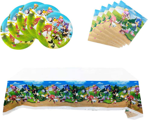 Hedgehog Party for Sonic, 20 Plates + 20 Napkins + Tablecloth, Hedgehog Party Supplies