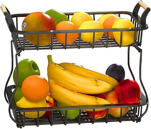 Tngan 2 Tier Fruit Basket Detachable Metal Wire Basket with Wooden Handles Fruit Bread Vegetables Storage Bowl Holder for Kitchen Worktop Dining Table, Black