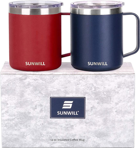 SUNWILL 14 oz Coffee Mug Set, Vacuum Insulated Camping Mug with Lid, Double Wall Stainless Steel Travel Tumbler, Coffee Cup Outdoor, Powder Coated Navy Blue & Wine Red 2 Pack