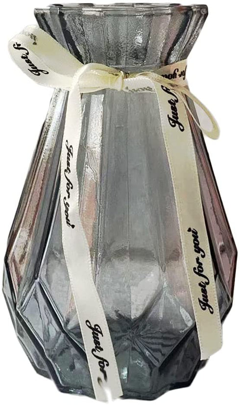 Clear Glass Vase for Flower, Geometric Faceted Design Flower Vase for Weddings, Events, Decorating, Arrangements, Flowers, Office, or Home Decor 5.7" (Grey)