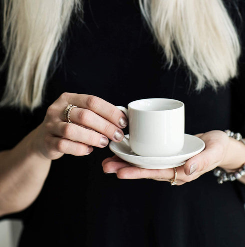 4oz. Espresso Cups Set of 4 With Matching Saucers - Premium White Porcelain, 8 Piece Gift Box Demitasse Set Italian Caff¨ Mugs, Turkish Coffee Cup Lungo Shots, Dopio Double Shot | White Set